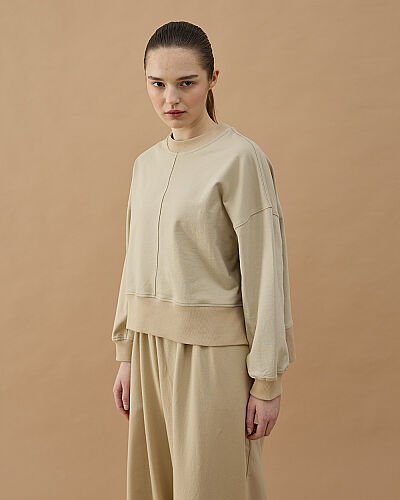 Cotton İki İplik Nervürlü Kesikli Dikişli Kısa Sweat Bej - Aybikestil