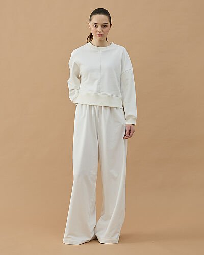 Cotton İki İplik Nervürlü Kesikli Dikişli Kısa Sweat Ekru - Aybikestil (1)