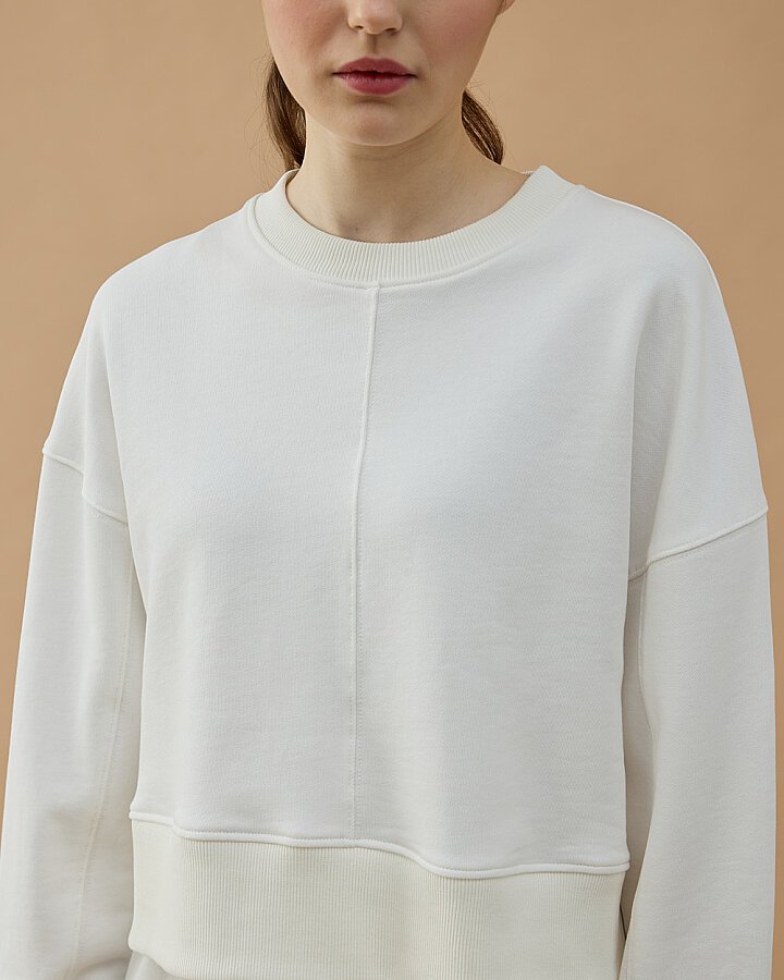 Cotton İki İplik Nervürlü Kesikli Dikişli Kısa Sweat Ekru - Aybikestil (1)