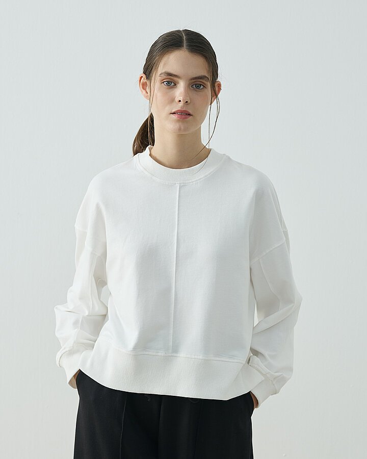 Cotton İki İplik Kesikli Dikişli Kısa Sweat Ekru - Aybikestil (1)