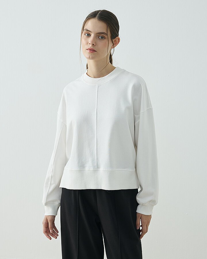 Cotton İki İplik Kesikli Dikişli Kısa Sweat Ekru - Aybikestil