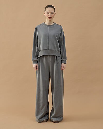 Cotton İki İplik Nervürlü Kesikli Dikişli Kısa Sweat Gri - Aybikestil (1)