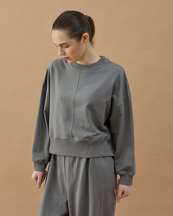 Cotton İki İplik Nervürlü Kesikli Dikişli Kısa Sweat Gri - Aybikestil (1)