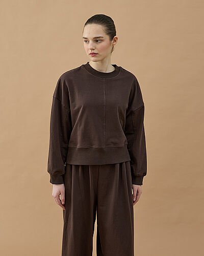 Cotton İki İplik Nervürlü Kesikli Dikişli Kısa Sweat Kahve - Aybikestil