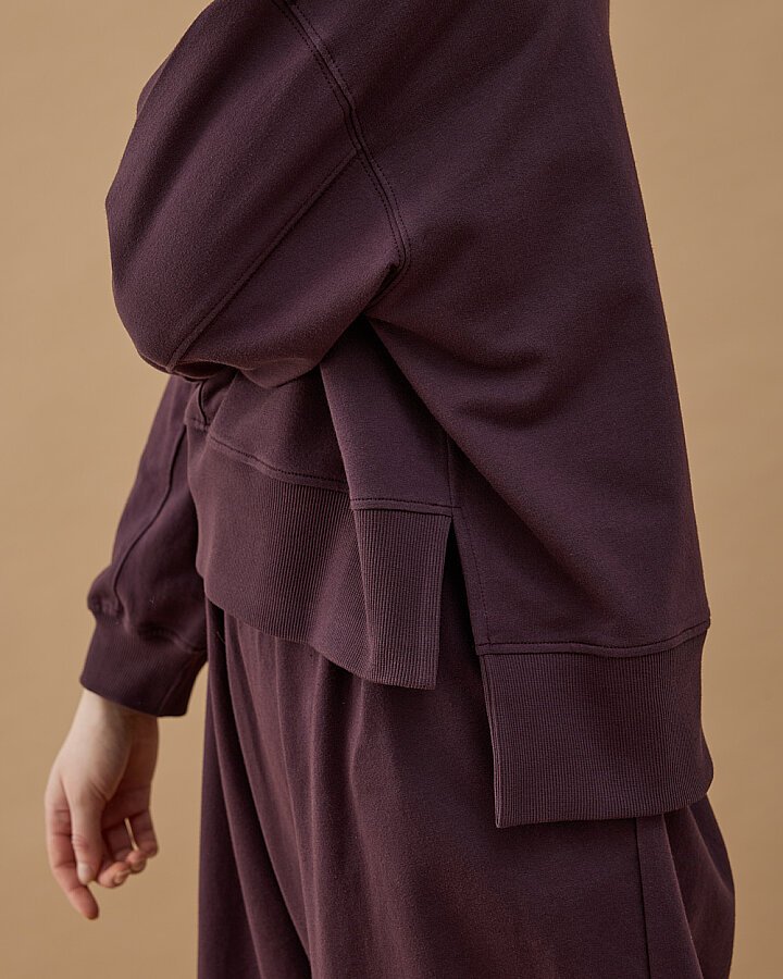 Cotton İki İplik Nervürlü Kesikli Dikişli Kısa Sweat Mürdüm - Aybikestil (1)