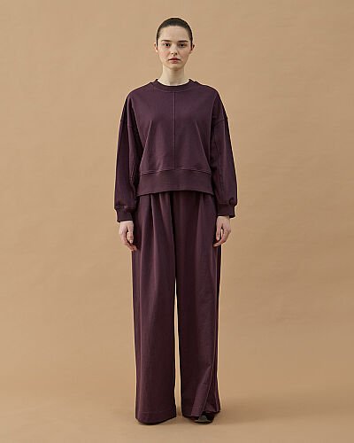 Cotton İki İplik Nervürlü Kesikli Dikişli Kısa Sweat Mürdüm - Aybikestil (1)