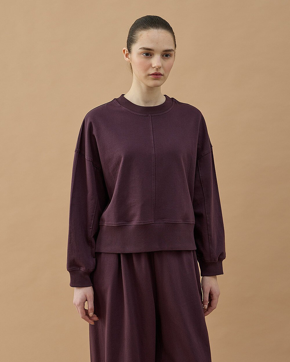 Cotton İki İplik Nervürlü Kesikli Dikişli Kısa Sweat Mürdüm - Aybikestil