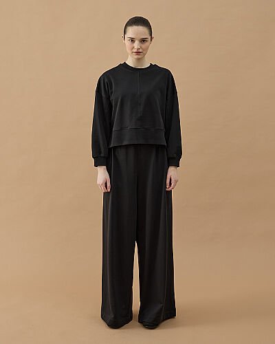 Cotton İki İplik Nervürlü Kesikli Dikişli Kısa Sweat Siyah - Aybikestil (1)