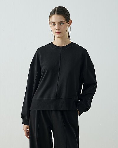 Cotton İki İplik Kesikli Dikişli Kısa Sweat Siyah 