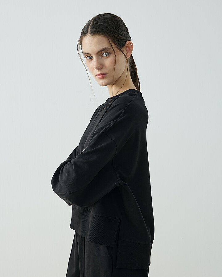 Cotton İki İplik Kesikli Dikişli Kısa Sweat Siyah - Aybikestil (1)