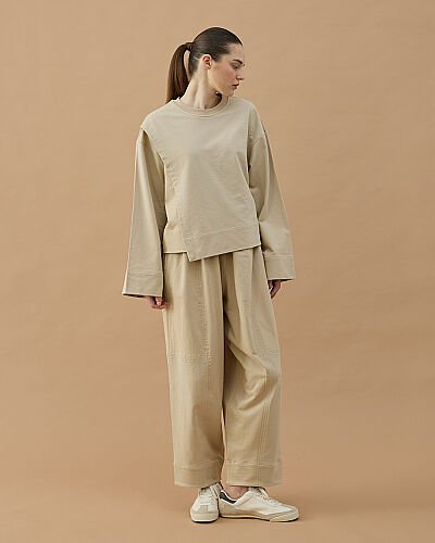 Cotton İki İplik Önü Yırtmaçlı Bluz Bej - Aybikestil (1)