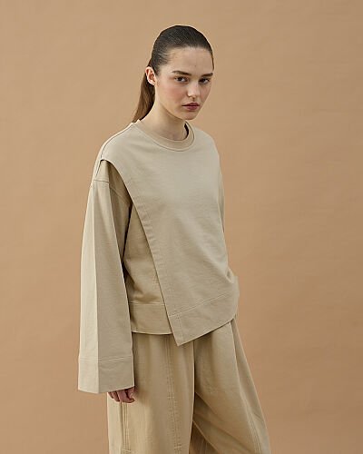 Cotton İki İplik Önü Yırtmaçlı Bluz Bej - Aybikestil