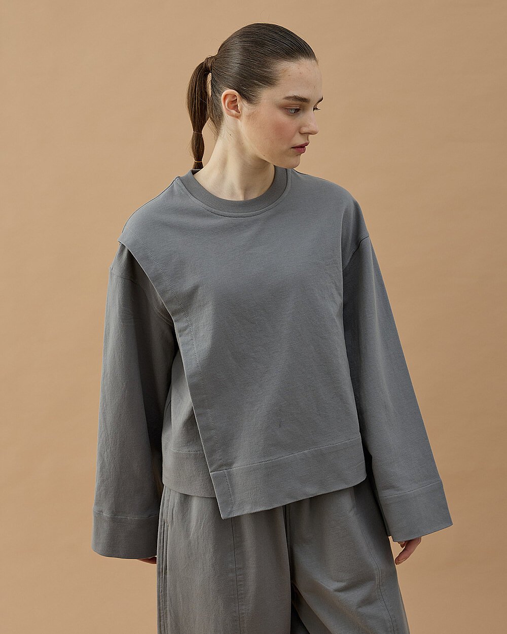 Cotton İki İplik Önü Yırtmaçlı Bluz Gri - Aybikestil