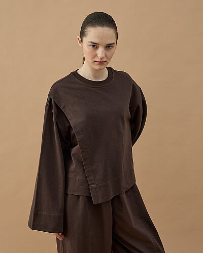 Cotton İki İplik Önü Yırtmaçlı Bluz Kahve - Aybikestil