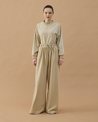 Cotton İki İplik Wide Leg Bol Eşofman Altı Bej - Aybikestil (1)