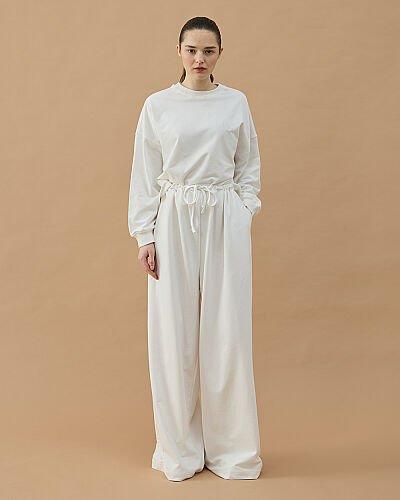 Cotton İki İplik Wide Leg Bol Eşofman Altı Ekru - Aybikestil (1)