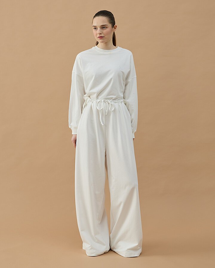 Cotton İki İplik Wide Leg Bol Eşofman Altı Ekru - Aybikestil (1)