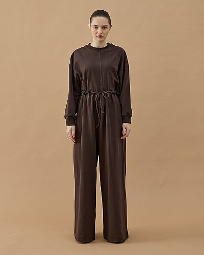 Cotton İki İplik Wide Leg Bol Eşofman Altı Kahve - Aybikestil (1)