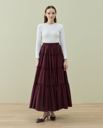Crash Dört Katlı Fırfırlı Büzgülü Etek Bordo - Aybikestil (1)