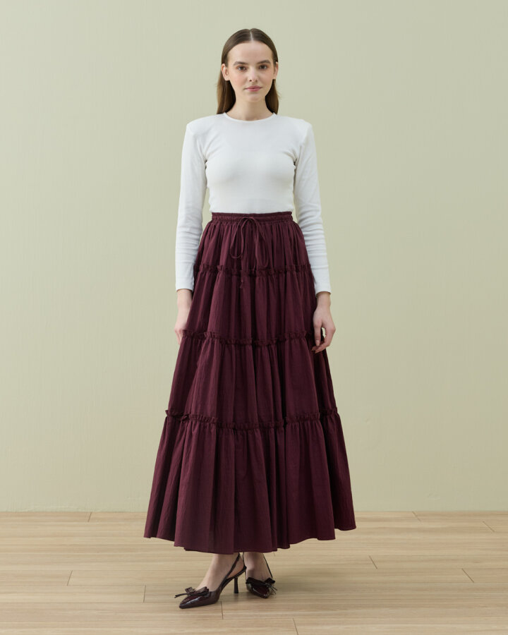 Crash Dört Katlı Fırfırlı Büzgülü Etek Bordo - Aybikestil (1)