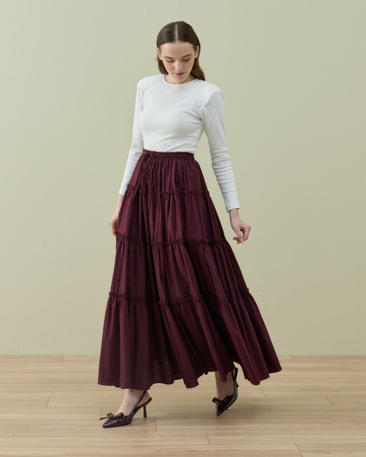 Crash Dört Katlı Fırfırlı Büzgülü Etek Bordo - Aybikestil (1)