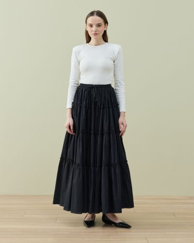 Crash Dört Katlı Fırfırlı Büzgülü Etek Siyah - Aybikestil (1)