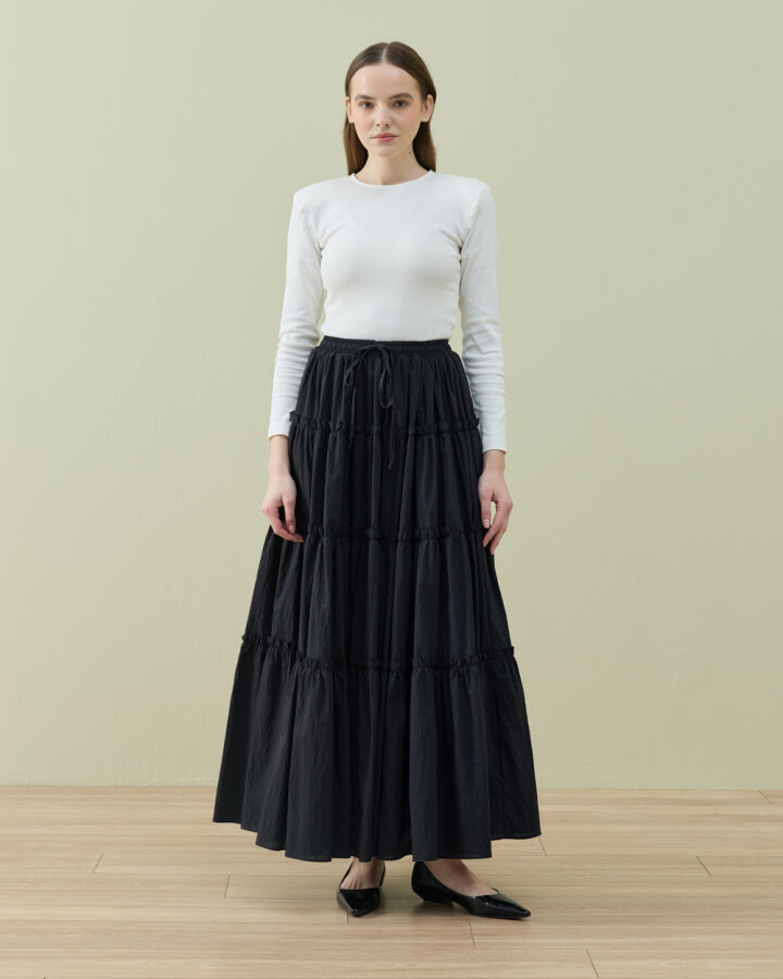 Crash Dört Katlı Fırfırlı Büzgülü Etek Siyah - Aybikestil (1)