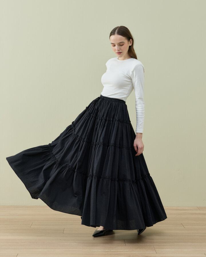 Crash Dört Katlı Fırfırlı Büzgülü Etek Siyah - Aybikestil (1)