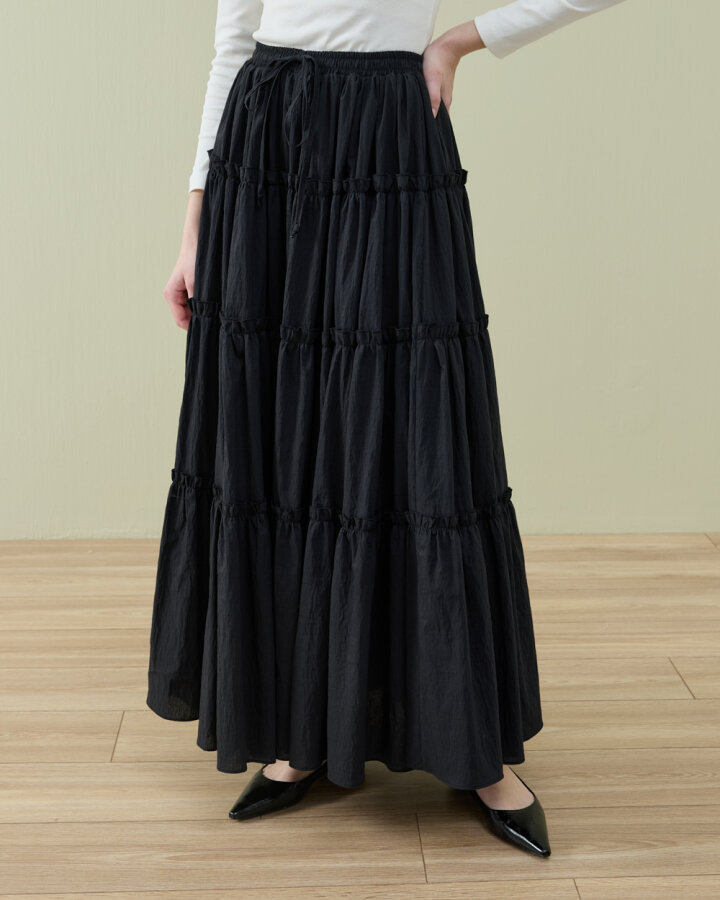 Crash Dört Katlı Fırfırlı Büzgülü Etek Siyah