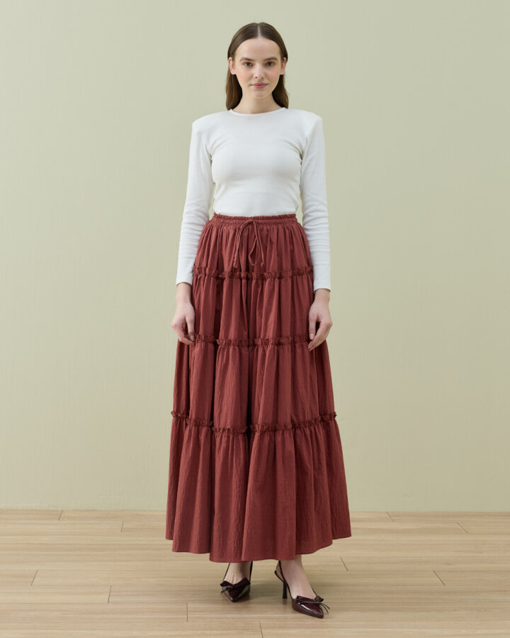 Crash Dört Katlı Fırfırlı Büzgülü Etek Terra Cotta - (1)