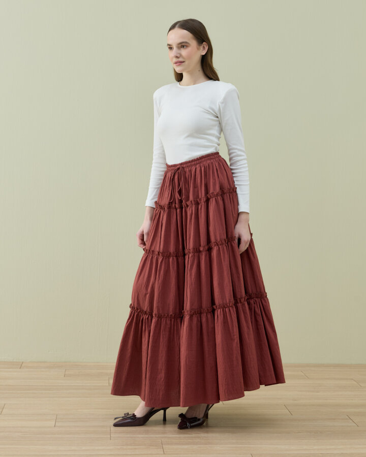 Crash Dört Katlı Fırfırlı Büzgülü Etek Terra Cotta - (1)