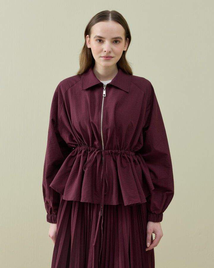 Crash Fermuarlı Belden Büzgülü Ceket Bordo - 