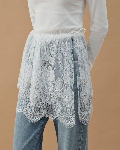 Dantel Çift Kat Yırtmaçlı Aksesuar İçlik Etek Ekru - Aybikestil