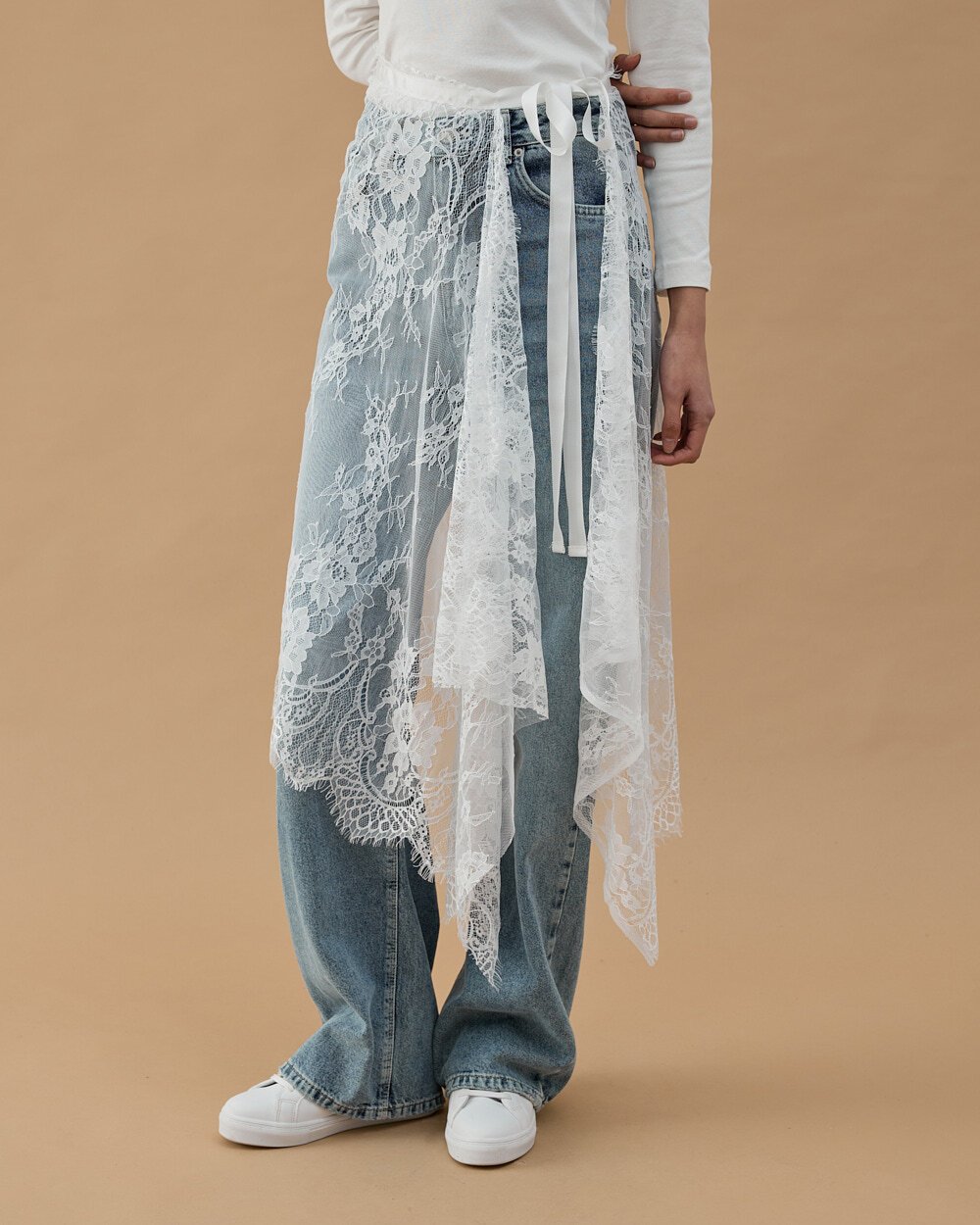 Dantel Pareo Yandan Bağlamalı Uzun İçlik Etek Ekru - Aybikestil