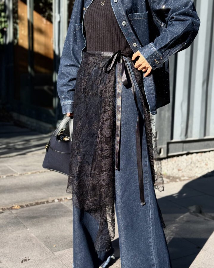 Dantel Pareo Yandan Bağlamalı Uzun İçlik Etek Siyah