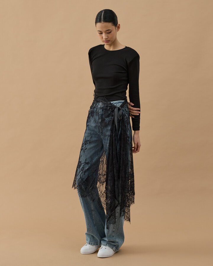 Dantel Pareo Yandan Bağlamalı Uzun İçlik Etek Siyah - Aybikestil (1)