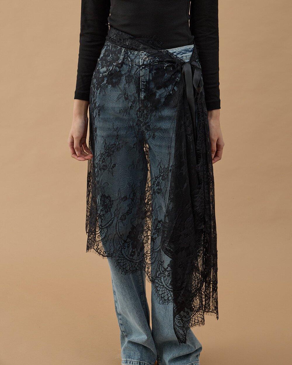 Dantel Pareo Yandan Bağlamalı Uzun İçlik Etek Siyah - Aybikestil