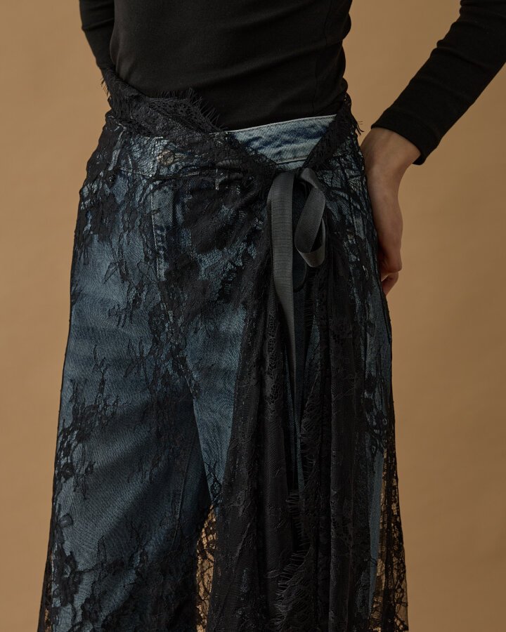 Dantel Pareo Yandan Bağlamalı Uzun İçlik Etek Siyah - Aybikestil (1)