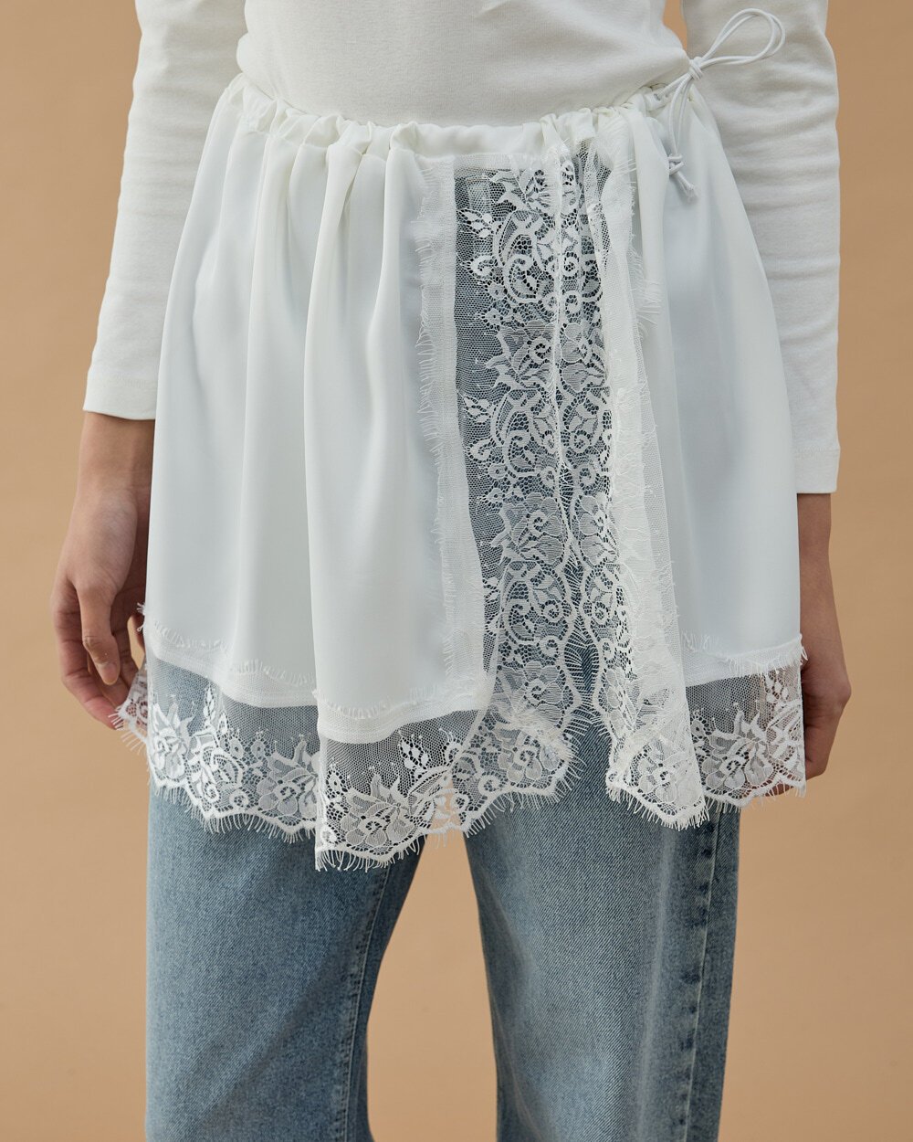 Dantelli Saten Yırtmaçlı içlik Etek Ekru - 