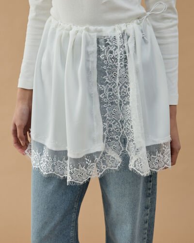 Dantelli Saten Yırtmaçlı içlik Etek Ekru 