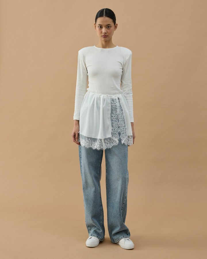 Dantelli Saten Yırtmaçlı içlik Etek Ekru - Aybikestil (1)