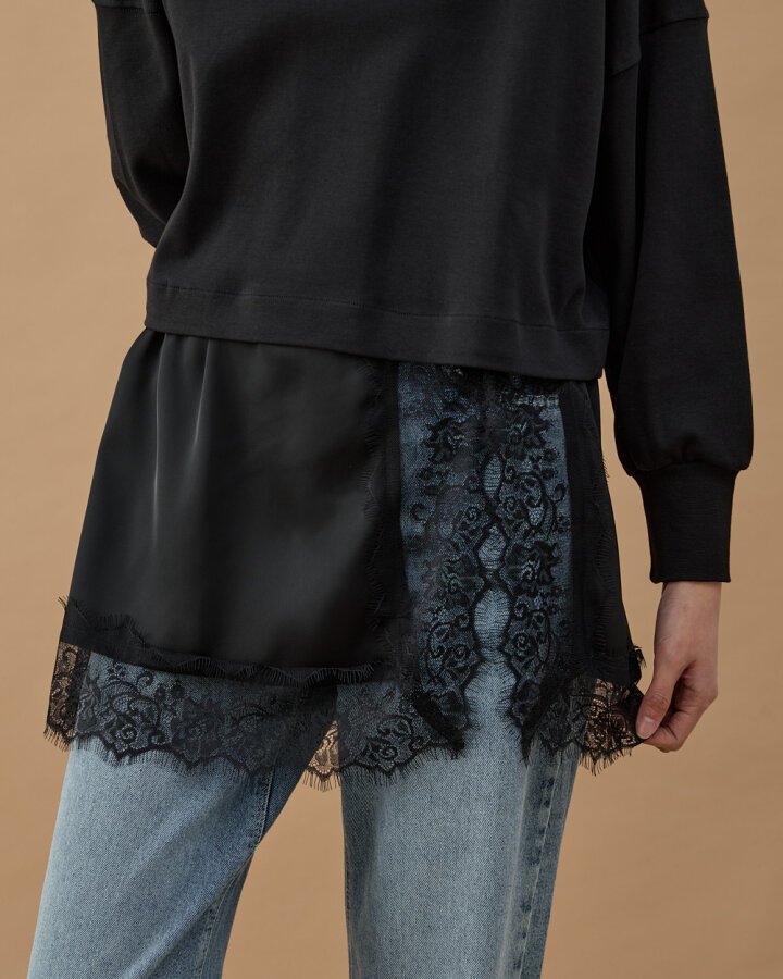 Dantelli Saten Yırtmaçlı içlik Etek Siyah - Aybikestil (1)