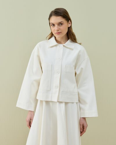 Denim Cepli Kısa Ceket Ekru 