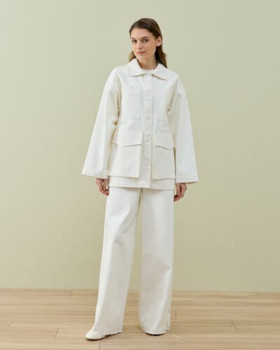 Denim Çok Cepli Düğmeli Ceket Ekru - Aybikestil (1)