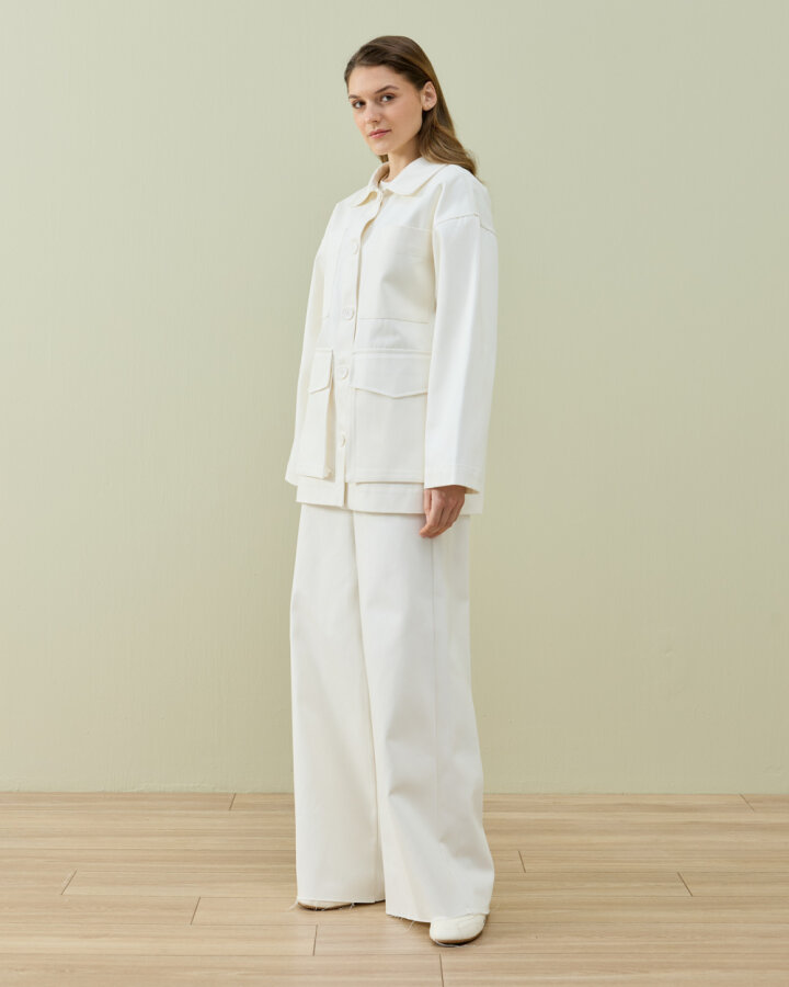 Denim Çok Cepli Düğmeli Ceket Ekru - Aybikestil (1)