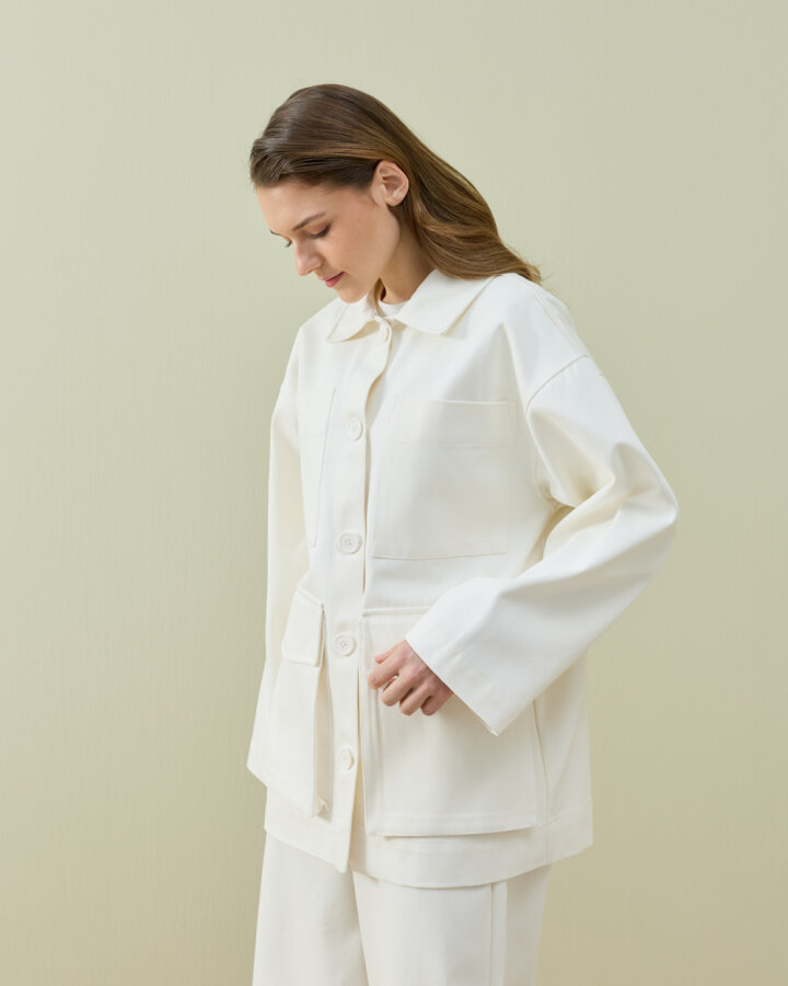 Denim Çok Cepli Düğmeli Ceket Ekru - Aybikestil (1)