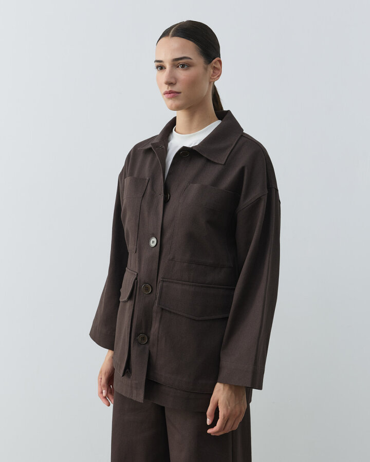 Denim Çok Cepli Düğmeli Ceket Kahve - Aybikestil (1)