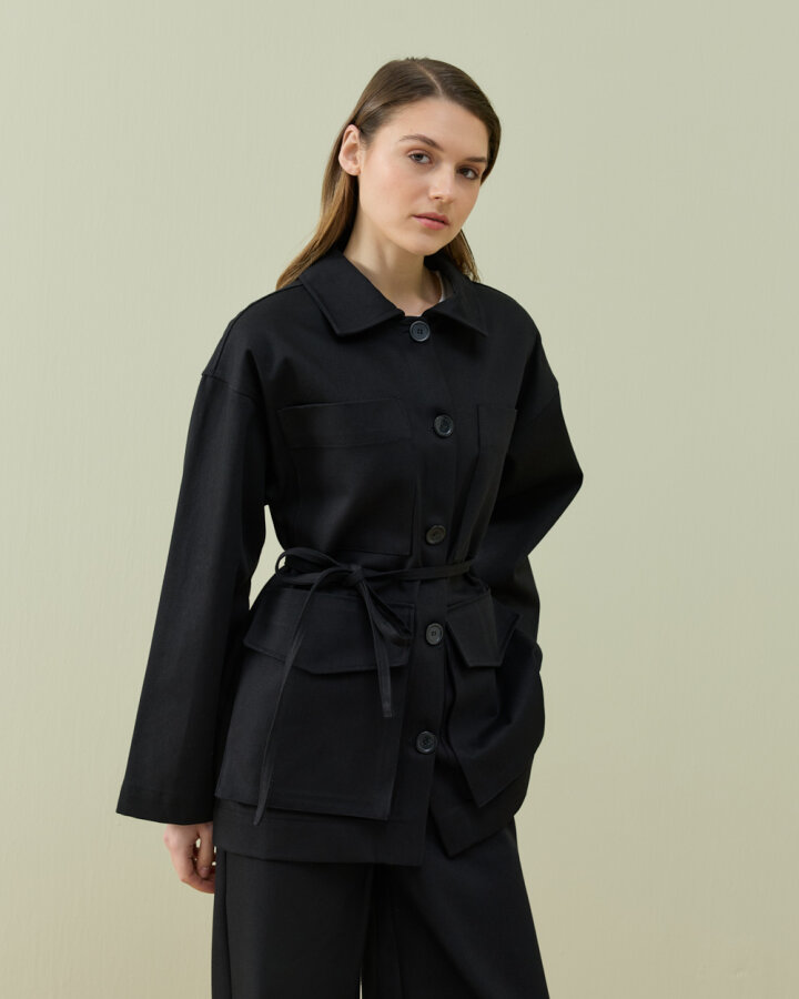 Denim Çok Cepli Düğmeli Ceket Siyah