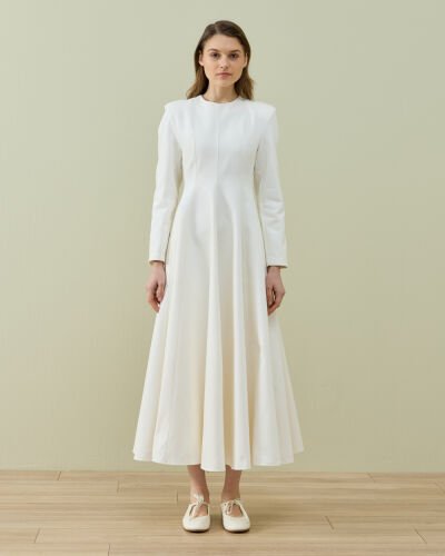 Denim Kuplu Uzun Elbise Ekru 