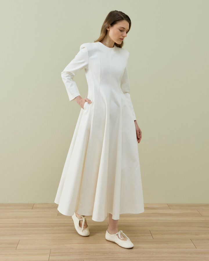 Denim Kuplu Uzun Elbise Ekru - Aybikestil (1)